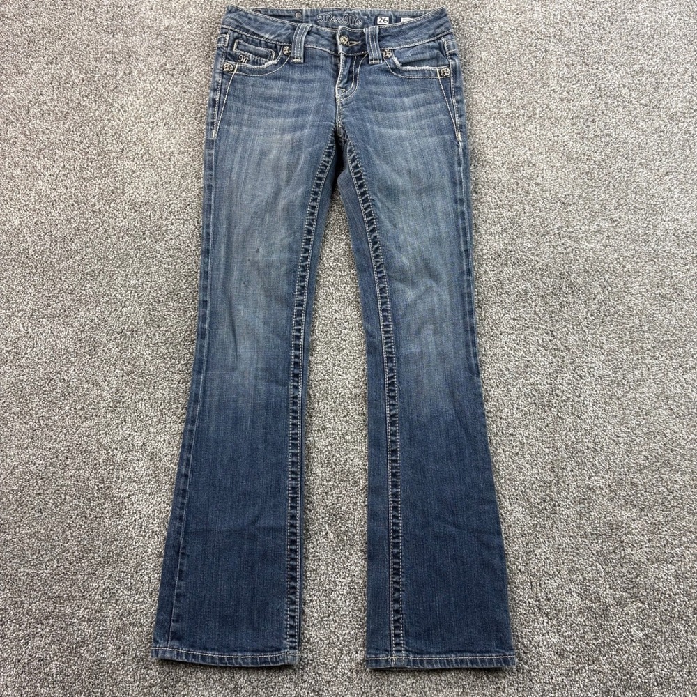 Y2K Miss Me Bootcut Jeans Women's 26 Blue Denim Embellished Cross Pockets